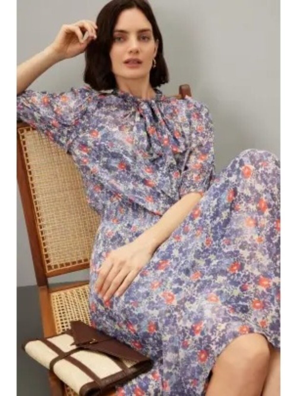 Polo by Ralph Lauren Purple Floral Tie-Neck Midi Dress with Orange Accents
